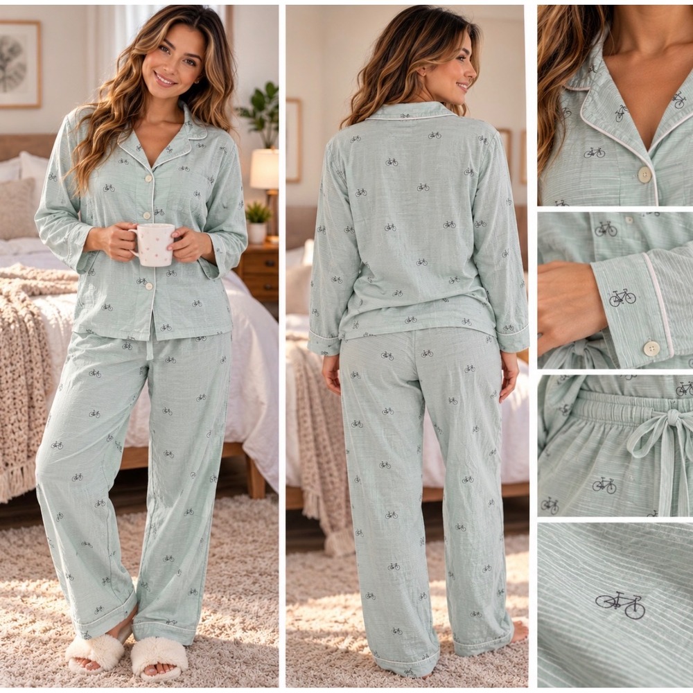 The Cat's Pajamas Sage Green Bicycle Print Pajama Set Medium Button Down Pant